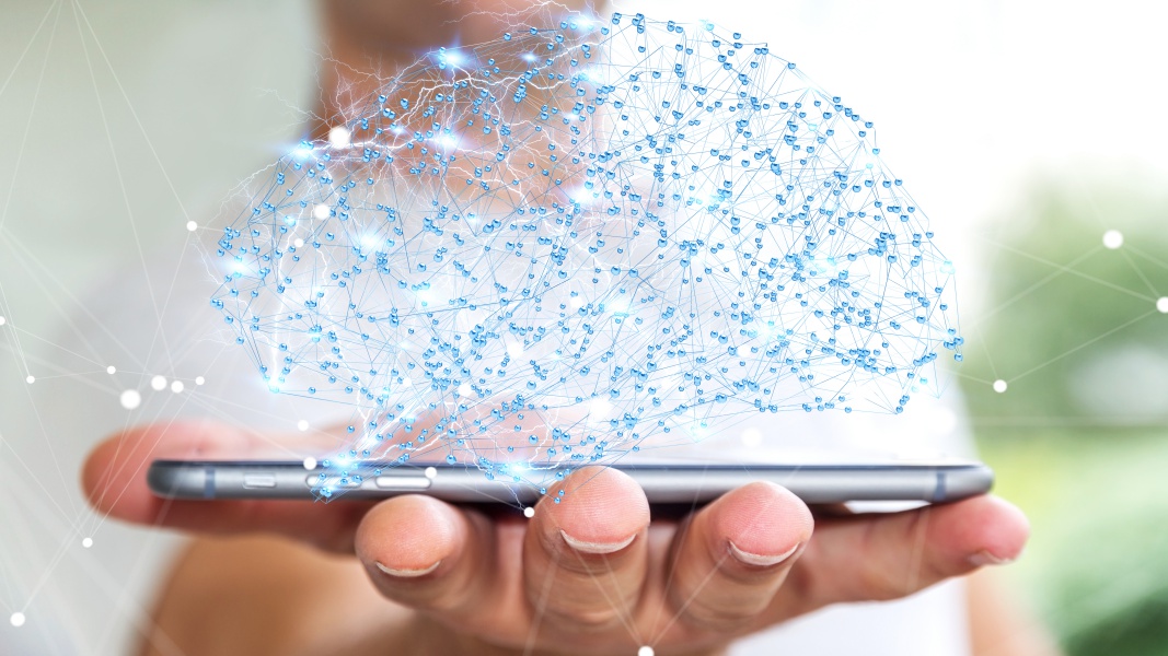 stylized cloud of connections projected above a phone screen